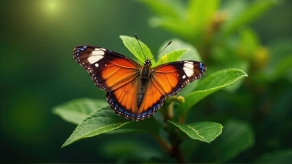 Fototapeta premium Monarch butterfly resting on green leaves in a lush garden under bright daylight