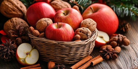 Bountiful wicker basket filled with bright red apples walnuts almonds cinnamon sticks and star anise on a rustic wooden surface