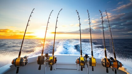 Fishing rods on a boat with a sunset backdrop, ready for a day of deep-sea fishing.