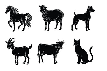 Animal silhouettes set. Domestic animals cat, dog, cow, horse, sheep, goat vector illustration