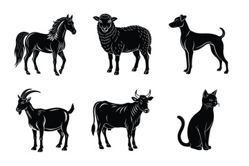Animal silhouettes set. Domestic animals cat, dog, cow, horse, sheep, goat vector illustration