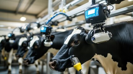 Automated milking system with cows in a modern dairy farm setting.