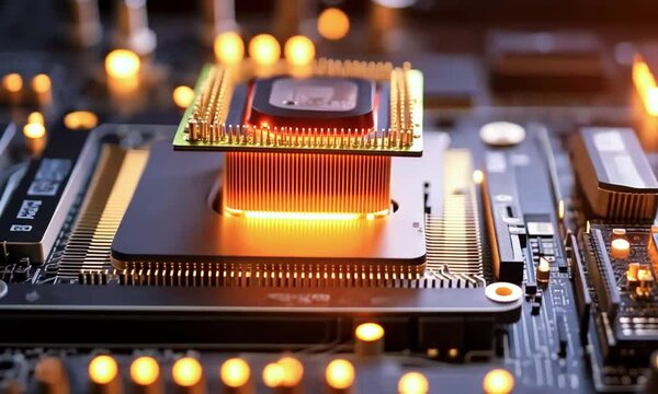 A dynamic visualization intense performance CPU overclocking conditions. CPU chip heat waves or glowing pulses signify high processing power speed, 4k Animation video