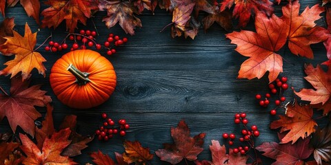 Autumn decor with vibrant orange pumpkin set in center surrounded by red berries and rich red maple leaves on dark wooden background