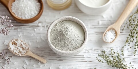 Natural cosmetic products including clay powder and bath salts in neutral tones on a white wooden tabletop with delicate herbs and wooden spoons.