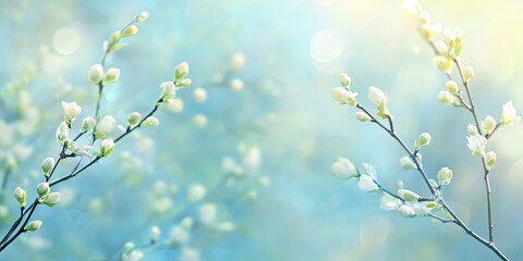 Fototapeta premium Springtime blooming branches with soft green buds against a blurred pastel background featuring light blue and soft yellow tones creating a serene atmosphere.