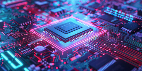 Obraz premium Central Processing Unit on Circuit Board with Neon Illumination
