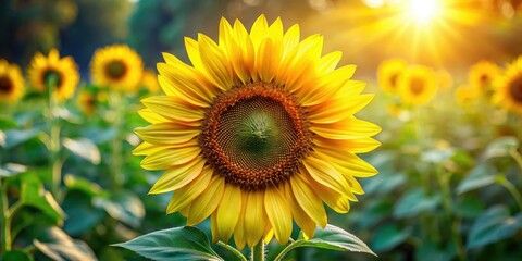 A majestic sunflower towering above the landscape with its large petals and dark center surrounded by a few green leaves, flora, center, dark