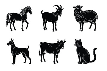 Animal silhouettes set. Domestic animals cat, dog, cow, horse, sheep, goat vector illustration