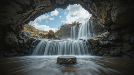 Naklejka premium A naturally formed mini podium from solid rock, set in a dramatic cave with a waterfall as its backdrop. to be used as a backdrop for product photography, miniatures, or as a unique decorative element