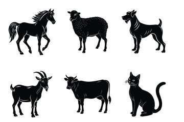 Animal silhouettes set. Domestic animals cat, dog, cow, horse, sheep, goat vector illustration