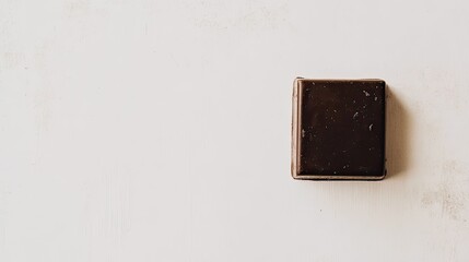 Top view of a single dark chocolate square on a clean white background, simple and elegant design with text space