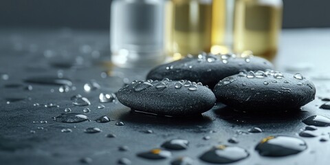 Basalt stones with water droplets placed on dark surface in the foreground with blurred bottles of oils in the background ideal for spa imagery
