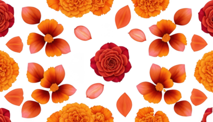 Isolated marigold petals in deep orange and gold arranged in symmetrical geometric patterns, with soft pink and red rose petals accentuating the design, isolated on a white transparent background PNG.