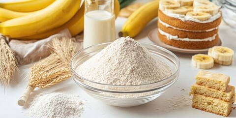 Fresh ingredients for baking on a bright kitchen countertop with a glass bowl of flour in the center surrounded by bananas and cake slices