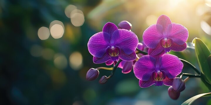 Vibrant purple orchids in full bloom with soft green foliage and glowing bokeh background creating a serene and enchanting atmosphere.