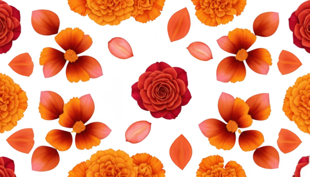 Isolated marigold petals in deep orange and gold arranged in symmetrical geometric patterns, with soft pink and red rose petals accentuating the design, isolated on a white transparent background PNG.