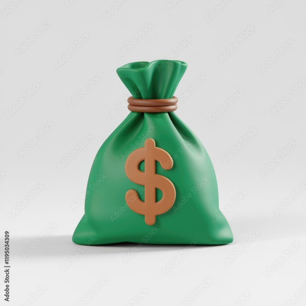 Poster a 3d rendering of a green money bag with a dollar sign, symbolizing wealth and finance.