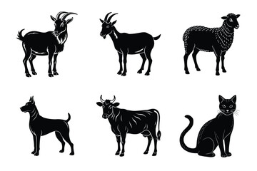 Animal silhouettes set. Domestic animals cat, dog, cow, horse, sheep, goat vector illustration