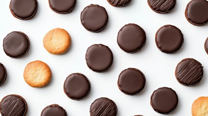 Fototapeta premium Top view of an array of chocolate-covered biscuits arranged on a white background, ideal for food branding, copy space available