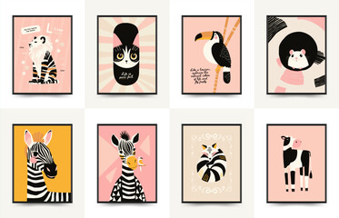 Abstract Childrens Room posters template with animals. Modern trendy Kids minimal style. Hand drawn design for wallpaper, wall decor, print, postcard, cover, template, banner. © KozyPlace