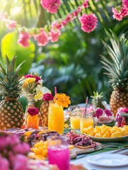 Summer picnic with tropical drinks and fresh pineapples surrounded by vibrant flowers in a lush garden. Generative AI