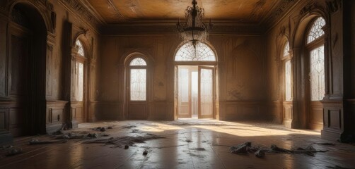 Obraz premium A once grand entrance hall now covered in dust and cobwebs , hallway, forgotten