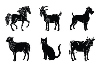 Animal silhouettes set. Domestic animals cat, dog, cow, horse, sheep, goat vector illustration