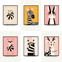 Abstract Childrens Room posters template with animals. Modern trendy Kids minimal style. Hand drawn design for wallpaper, wall decor, print, postcard, cover, template, banner.