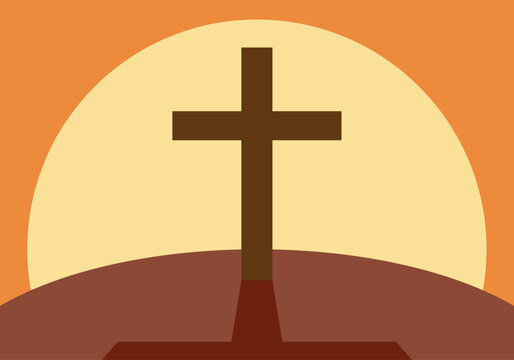 Cruz cristiana marrón en una montaña al atardecer 