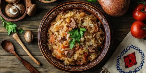 Traditional bigos dish in a decorative bowl with chopped sauerkraut, meat, mushrooms, and fresh vegetables on a rustic wooden table.