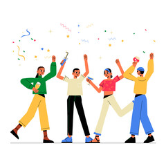 Group Of Friends Celebrating With Confetti And Drinks In Flat Vector Illustration Symbolizing Celebration, Friendship, And Happiness, Isolated On White Background