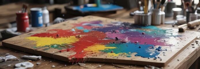 Fototapeta premium A paint-splattered palette on a wooden workbench in an art studio, paint strokes, artistic tools, painting supplies