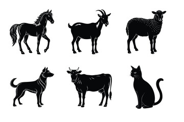 Animal silhouettes set. Domestic animals cat, dog, cow, horse, sheep, goat vector illustration