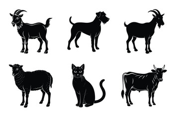 Animal silhouettes set. Domestic animals cat, dog, cow, horse, sheep, goat vector illustration