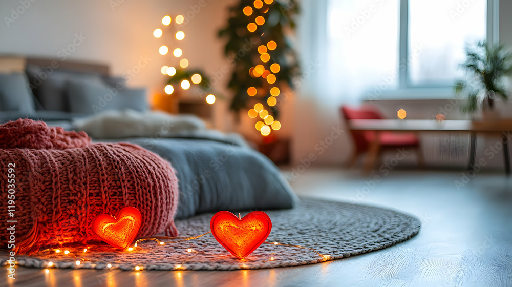 Wall mural A string of heart-shaped fairy lights glowing softly in a cozy bedroom, adding a romantic touch to the Valentine's Day ambiance.