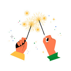 Hands Holding Sparklers In Flat Vector Illustration Symbolizing Festive Celebration, Joy, And Party Spirit, Isolated On White Background