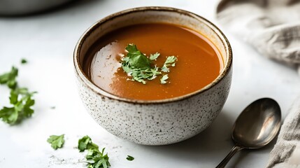 Warm bowl of tomato soup, creamy texture with fresh herbs, perfect for cozy meals at home, inviting atmosphere for dining.