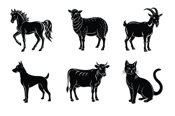 Animal silhouettes set. Domestic animals cat, dog, cow, horse, sheep, goat vector illustration