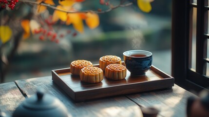 A traditional Chinese tea ceremony with mooncakes placed on a wooden tray, showcasing the delicate designs and golden crusts of the mooncakes.