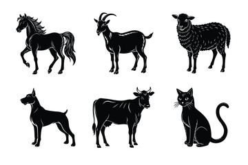 Animal silhouettes set. Domestic animals cat, dog, cow, horse, sheep, goat vector illustration