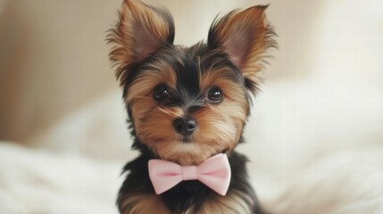 Adorable Yorkie Puppy with Small Bow on White Background