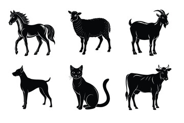 Fototapeta premium Animal silhouettes set. Domestic animals cat, dog, cow, horse, sheep, goat vector illustration