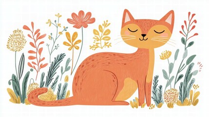 Regal Abyssinian Cat Sitting with Tail Curled Among Flowers and Plants