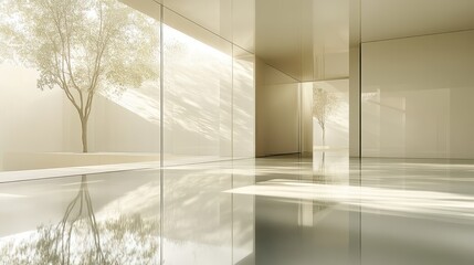 Fototapeta premium Elegant room with smooth glass-like surface and soft reflections, featuring natural light filtering through trees outside, creating a serene atmosphere