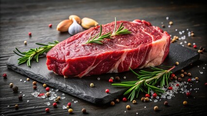 A tender beef rump steak sits on a black stone table, illuminated by soft natural light, revealing its rich marbling and savory flavors, dinner plate, savory food