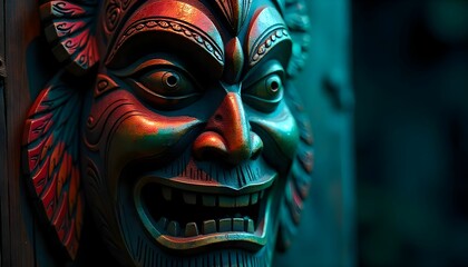 Tribal tiki mask carving, with intricate patterns and details, showcasing vibrant colors like red, green, and yellow, carved from dark wood