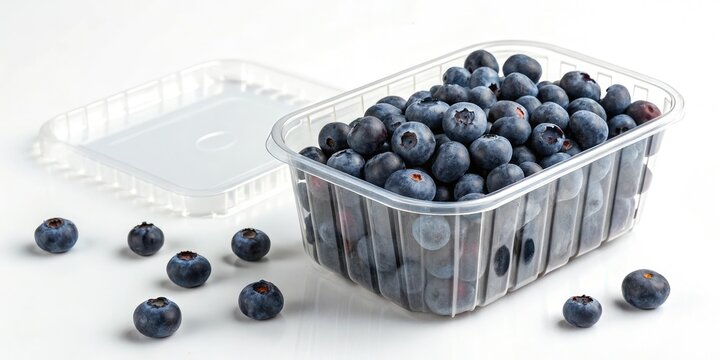 A plastic container filled with a handful of blueberries on a white surface, food products, kitchen essentials, clear plastic, plastic container