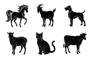 Animal silhouettes set. Domestic animals cat, dog, cow, horse, sheep, goat vector illustration