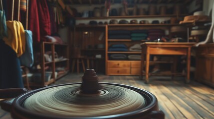 Fototapeta premium spinning wheel in motion, turning wool into thread, in a homely workshop with shelves